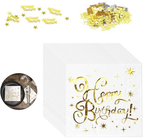 40 Stück Servietten Geburtstag, 33x33cm Geburtstag Servietten Happy Birthday Premium Stoffähnlich Gold Party Papierservietten mit 10g Konfetti Schwarz Gold für Junge Mädchen Party Deko Tischdeko