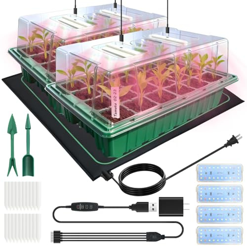 Seed Starter Trays with Grow Lights and Heat Mat, 2 Pack for Seed Starting | Seed Starter Kit with Humidity Dome and Timing Controller, 4 High-Efficiency 7.5W Grow Lights, Adjustable Vent and Brightness