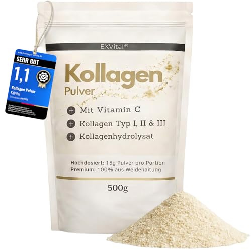 Kollagen Pulver 500 Gramm - Mit Vitamin C, bioaktives Kollagenhydrolysat Peptide, Eiweiss Pulver- Geschmacksneutral, Kollagen Typ 1, 2 & 3 Lift Drink, hochdosiert