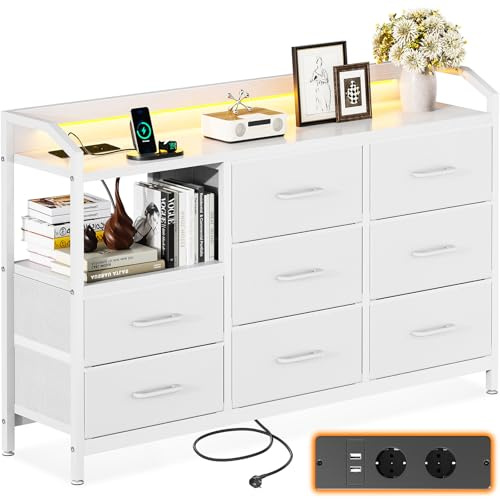 ODK Weiß Kommode, mit LED 2 USB und 2 Steckdosen, 8 Stoffschubladen | Kommode mit Schubladen, LED mit 10 Einstellbaren Farben, Kommode Wohnzimmer, Kommode 30cm Tief, 110 x 30 x 88cm