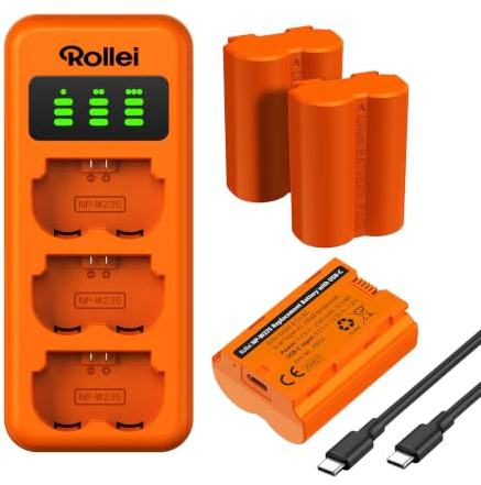 Rollei NP-W235 3er Pack Akkus & Ladegerät 3-Fach-Schnellladung mit USB-C | 100% Kompatibel mit Fujifilm X-S20 X-T5 X-T4 X-H2 X-H2S GFX100S GFX50S II GFX100 II