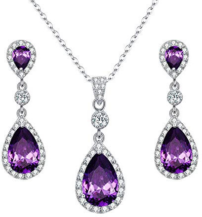 Clearine Femme Parure Élégant 925 Argent Strass Zircon Bijoux Mariage Mariée Boucle d'Oreille Collier Rond Goutte d'Eau Violet