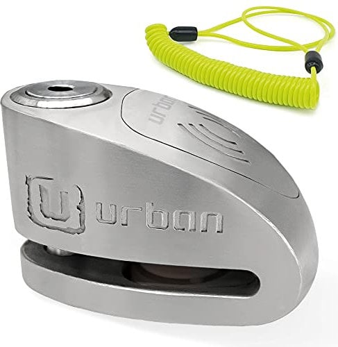 URBAN UR910S Bloccadisco Moto Senza o Con Allarme Omologato SRA et Sold Secure, Doppia Chiusura ø10 Acciaio Indurito di Alta Sicurezza, Cavo Promemoria, Lucchetto Antifurto Blocca Disco Moto, Scooter