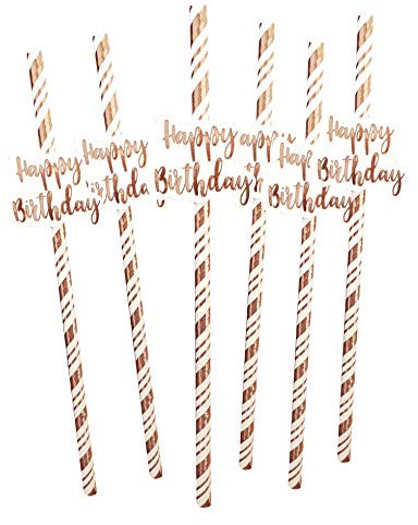 Alandra Party STRAW-HAPPY Happy Birthday Straws Cream & Rose Gold Metallic, Pack of 6