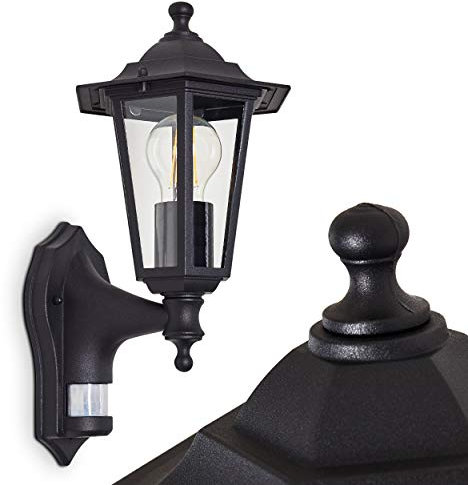 Außenwandleuchte Loria m. Bewegungsmelder, Wandlampe aufwärts in antikem Look, Aluguß in Schwarz m. Klarglas-Scheiben, Wandleuchte für Terrasse/Hof m. E27-Fassung, Retro/Vintage, ohne Leuchtmittel