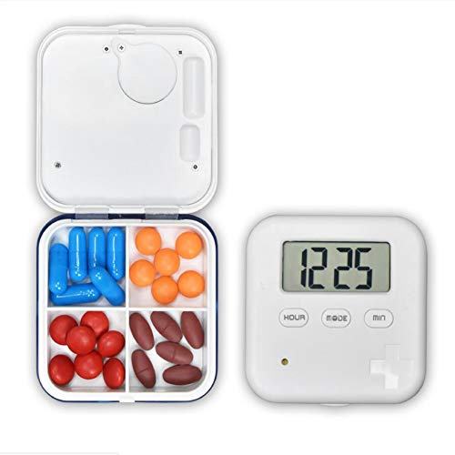BTSSA Klein Mini Pillendose Pillen Pillenbox Tablettenbox mit Wecker Alarmfunktion 4 Fächer Aufbewahrung für Vitamine Ergänzungen für Outdoor-Reisen, Taschenpillenetui