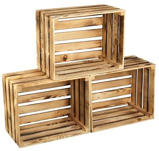 GrandBox Caisse en Bois à vin et Fruits Flame-Box, Lot de 3, Caisse de décoration, Rangement Vintage Shabby Chic, Chauffage