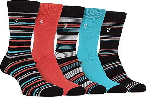 Farah - Mens 5 Pack Natural Organic Bamboo Bright Striped Patterned Socks (6-11, Black/Red)