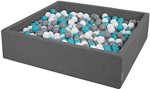 KiddyMoon Quadrat Bällebad Bällepool 120X30cm/600 Bälle ∅ 7Cm Eckig Ballgruben Für Babys Spielbad Kleinkinder, Hergestellt In Der EU, Dunkelgrau:Grau-Weiß-Türkis