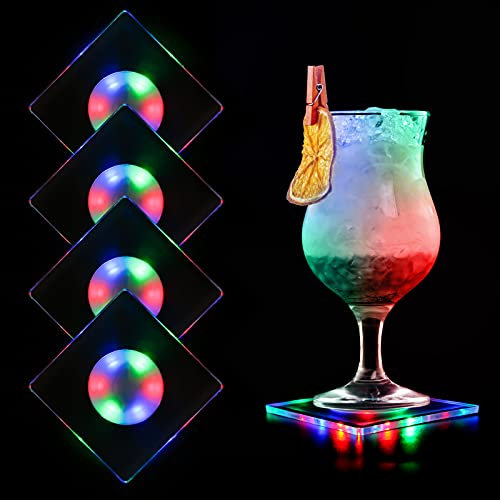 MEDOYOH 4er-Set Quadratisch Bunt LED Untersetzer für Getränke, ON/Off Taste Getränke Untersetzer Set, Wasserdicht Acryl Untersetzer Leuchtende für Gläser Flaschen Partys Hochzeiten Bar Weihnachten