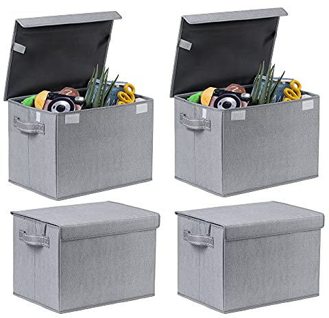 VENO 4 Stück Faltbare Aufbewahrungsbox mit Deckel Groß, Ordnungsboxen stoff mit Griffen, boxen aufbewahrung umzugskartons für Heimbüro, Spielzeug, Kleidung, Sonstiges (Grau - 4 pack)