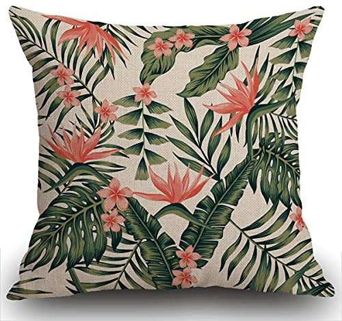 Smooffly Throw Pillow Cover Home Decor Beach Cheerful Tropical Dark Green Leaves of Palm Trees and Flowers Pillow Case Decorative 18 x 18 Inches Outdoor Cushion Couch Sofa Pillowcase