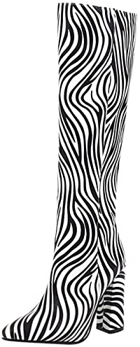 MJIASIAWA Donna Senza Chiusura Moda Appuntito Knee Zebra Stivali Equitazione Serata Vestito Inverno Warm Tacco Alto A Blocco Boots Bianco Numero 36 EU