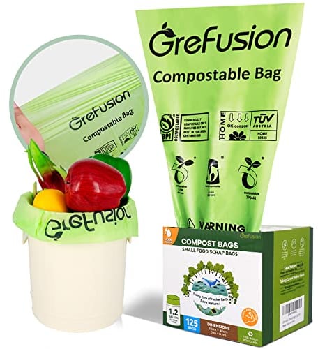 GreFusion Sacs poubelle compostables de 4 litres, 125 sacs poubelle au total, mini sacs poubelle robustes pour déchets alimentaires de cuisine, petits sacs poubelle pour la maison, le bureau, la