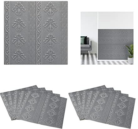Relaxdays Wandpaneele, 10er Set, selbstklebend, zuschneidbar, 3D Paneele, Wandverkleidung Barock Design, 70x70cm, Silber, Schaumstoff, 70 x 70 x 1 cm