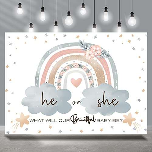 Rsuuinu Regenbogen Geschlecht Enthüllung Hintergrund Er oder Sie Wolke Party Dekorationen Fotografie Hintergrund Little Star Baby Kinder Schwangerschaft Reveal Überraschung Party Fotoshooting Banner