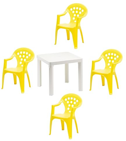 hLine Kinder Garten Sitzgruppe Tisch mit Stühlen Gartenstuhl Sessel (1 Tisch 4 Stühle gelb), 868780+868446