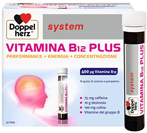 Doppelherz system VITAMIN B12 PLUS - Complemento Alimenticio con Dextrosa, Vitaminas del Grupo B, Cafeína y Colina, Sabor a Naranja y Pomelo, Sin Gluten ni Lactosa, 30 Viales
