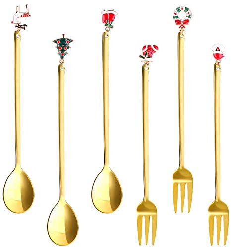8 Stück Weihnachtslöffel Set, Edelstahl Teelöffel, Weihnachten Style Kaffeelöffel, Kleine Dessertlöffel für Kaffee, Tee, Dessert, Eiscreme Party Tischdekorationen (Gold Weihnachtslöffel Set)