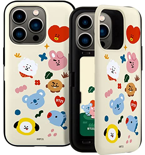 BT21 Offizielles Merchandise für iPhone 14 Pro Hülle mit Kartenhalter Spiegel Stoßfest Schutzhülle Dünn Slim Hard PC Back Cover Phone Case 6.1 Zoll
