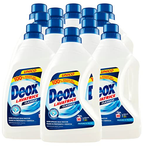 Deox - Detersivo Lavatrice Liquido Classico, Smacchia e Igienizza, con Formula Antiodore, 30 Lavaggi x 12 Confezioni
