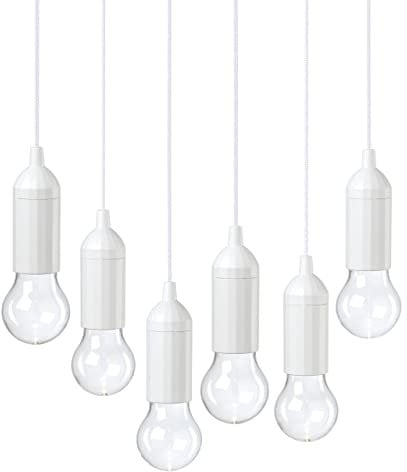 Auraglow Battery Operated Outdoor Pendant Pull Cord Rope LED Lights – Ideal for Garden Parasol, Gazebo, Pergola or Indoor - White - 6 Pack