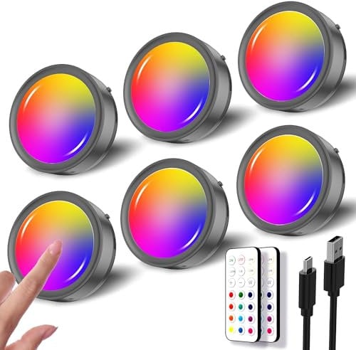 USB Aufladbar RGB LED Spot Akku, Schwarz Wiederaufladbar Kabellos Vitrinenbeleuchtung mit Fernbedienung und Timer Magnetisch Unterbauleuchte Küche LED Rund Farbwechsel Touch Schrankleuchte zum Kleben