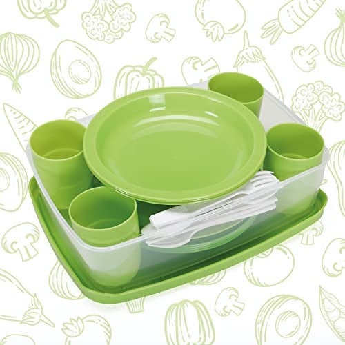 Ensemble de vaisselle de pique-nique pour 4 personnes - 25 pièces - réutilisable, incassable - Camping et fêtes - 100% fabriqué en Italie - 0% BPA