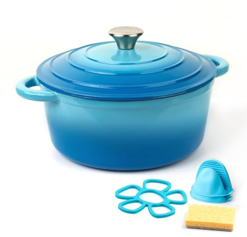 Parmedu Enameled Cast Iron Pot: 2.5L Heavy Duty Dutch Oven with Lid and Dual Handles in Blue - Silicone Accessories and Sponge Included, Ideal for Braising, Stewing, Roasting and Baking