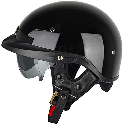 Erwachsenen Motorradhelm Halbschalenhelm Harley-Helm Scooter-Helm, Mode Halboffener Helm Schutzbrille, ECE-Zertifizierter Halbschale Brain-Cap Roller-Helm Jet-Helm Retro,Glänzend Schwarz-3XL(65~66cm)