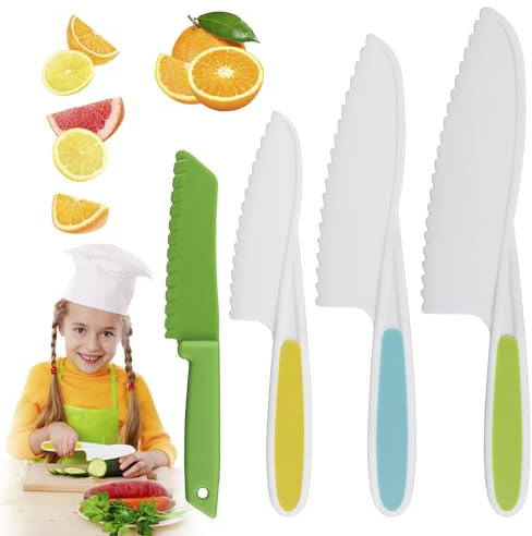 UNINGYI Set de 4 Couteaux de Cuisine pour Enfant à Partir de 2 Ans, en Plastique pour Découper les Fruits et Légumes à Cuire