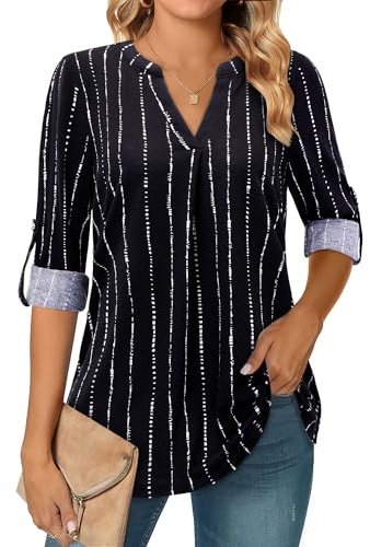 Amrto Damen Blusen V-Ausschnitt, Casual Elegant Gestreift Langarm Blusenshirt Lässig Longbluse Oberteil 3/4 Ärmel Blusentops Tunika Longshirt Hemdbluse Alltäglich, Weiß Streifen L