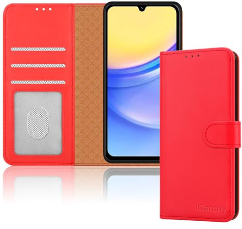 iCatchy for Samsung A15 Case – Leather Wallet Cover, Book Flip Folio with Kickstand, Magnetic Closure, RFID Blocking, Shockproof Protection for Galaxy A15 5G / A15 (Red)