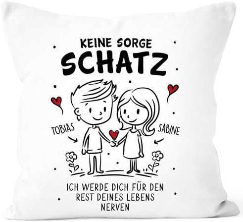 SpecialMe® Kissen-Bezug Geschenk Liebe personalisiert Strichmännchen Pärchen mit Spruch lustig Keine Sorge Schatz weiß Standard