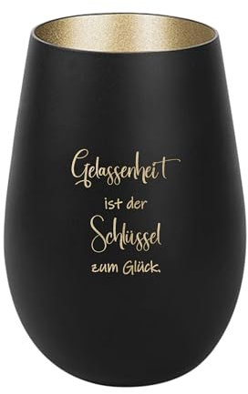 Der-Porzellan-Laden Windlicht mit Gravur Gelassenheit ist der Schlüssel zum Glück, Schwarz Gold, Teelichthalter aus Glas mit Spruch, Tischdeko modern
