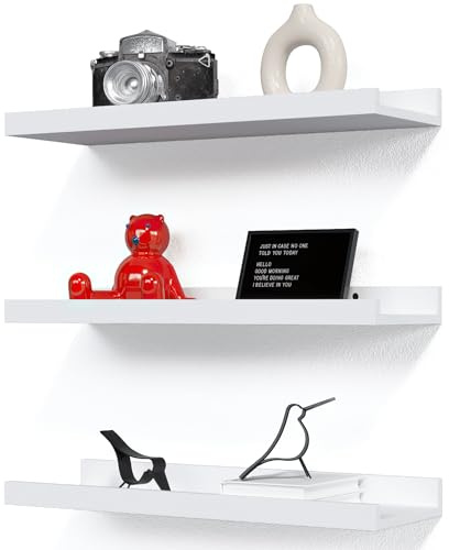 RICHER HOUSE White Floating Shelves for Wall with Lip, 40 CM, Wood, 3 Set | 5-Min Install, Picture Display Ledge Shelf, Wall Decor Bookshelf for Bedroom, Bathroom, Living Room, Kitchen, Nursery