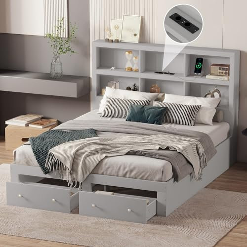 Merax Doppelbett Holzbett 160x200cm, Stauraumbett mit 2 Schubladen und Ablagefach, Funktionsbett mit Lattenrost, Stabil Massivholzbett Jugendbett, einfachen Stil Plattformbett, Ohne Matratze, Grau