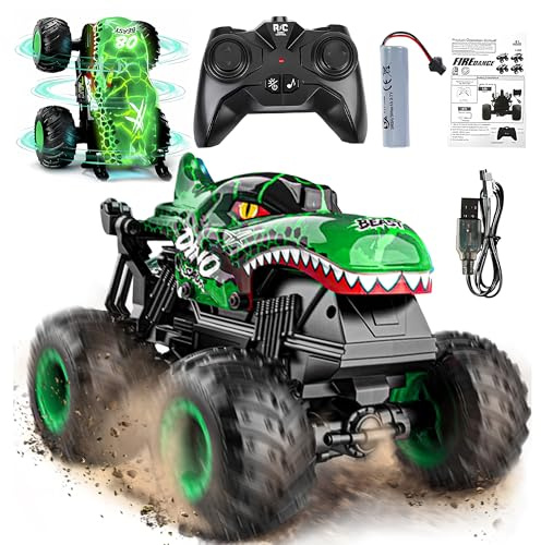 BEZGAR Monster Truck Toys - Remote Control Monster Truck with Light & Music, Dinosaur Toys for Kids, 1:20 Scale RC Truck with 360° Spins and Drifting, Remote Control Car for Boys 4-7