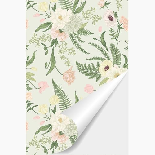 Papel Pintado Autoadhesivo Floral Verde - Lámina Adhesiva de Flores Vintage para Muebles