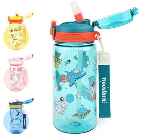 wooshwa Gourde Enfant avec Paille, Pour Garçons, Anti-Fuite, Étanche, 600 ml Bouteille Enfant sans BPA, Verrouillage Sécurisé, Bouteilles d'eau pour Maternelle l'école Sport, Astronaute