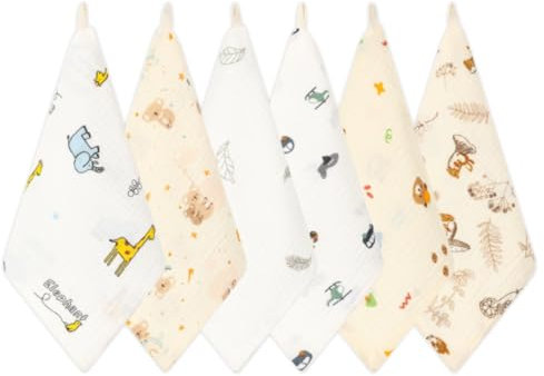 Norinori Musselin Waschlappen - 6 Stück Neugeborene Musselintücher aus 100% Weicher Baumwolle - Mehrzweck Baby Gesichtstüche 25x25 cm - Kinder Badetuch für Jungen und Mädchen