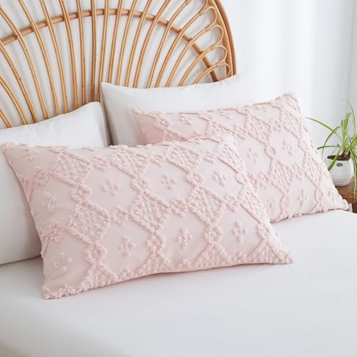 Freyamy Böhmen Kissenbezug 40x80cm 2er Set Rosa Getuftet Kariert Boho Kopfkissenbezug Stickerei Shabby Chic Kissenhülle 100% Microfaser Uni Kissenbezug mit Reißverschluss