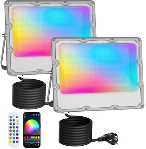 MEEKBOS 2 Stück RGB Strahler Outdoor 50W, 16 Millionen Farben LED Flutlicht Mit Bluetooth APP Und 2.4G Fernbedienung,IP66 Wasserdicht Farbwechsel Dimmbar Fluter für Halloween,Weihnachten,Party