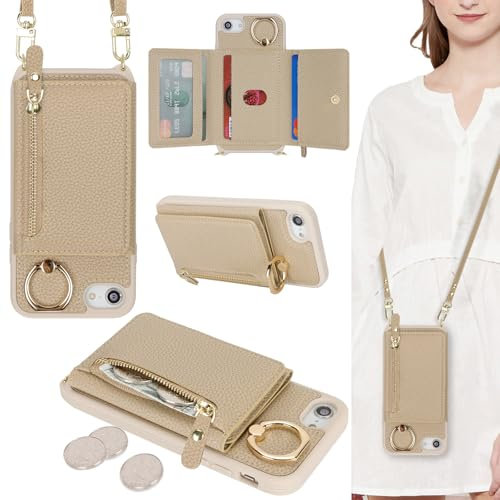ELTEKER Coque pour iPhone 7/8/SE2020/SE2022 Etui avec Cordon Collier Sangle réglable,Housse avec Anneau Étui iPhone Portefeuille avec Porte Carte Pochette - Beige