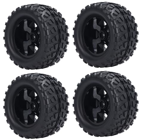 HELEVIA 4 Stück Gummireifen mit M4-Sicherungsmuttern, 12 Mm Sechskantnabe, 7-Speichen-Felge, Radreifen 1/10 RC Off-Road-Truck