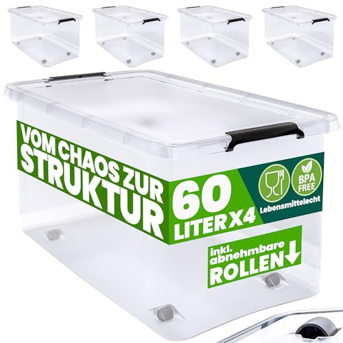 Deuba® 4X 60L Scatole in Plastica Trasparente Senza BPA Contenitori con Coperchio Impilabili Ruote Cassette Salvaspazio