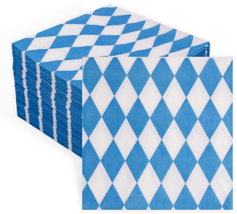 60 Stück Servietten Blau Weiß, 33x33cm Oktoberfest Accessoires, Bayrische Deko Servietten, Oktoberfest Deko für Gastronomie Oder Feste