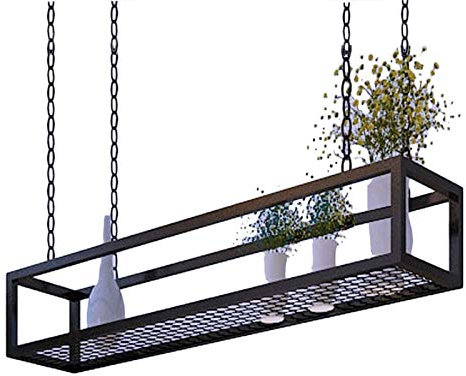 Deckenregal Küche Topfregal Hängeregal Kreative Decke Blumenständer Kochgeschirr Aufhänger Aufbewahrung für Bar Keller Garage Restaut, schwarzer Metallrahmen aus Eisen (Größe: 140 × 25 × 15 cm)