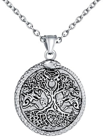 INFINIONLY Collier Médaillon en Acier Inoxydable pour Hommes Créative Pendentif Arbre de Vie Colliers avec Serpent Hip Hop Bijoux Fantaisie Adolescents Décoration