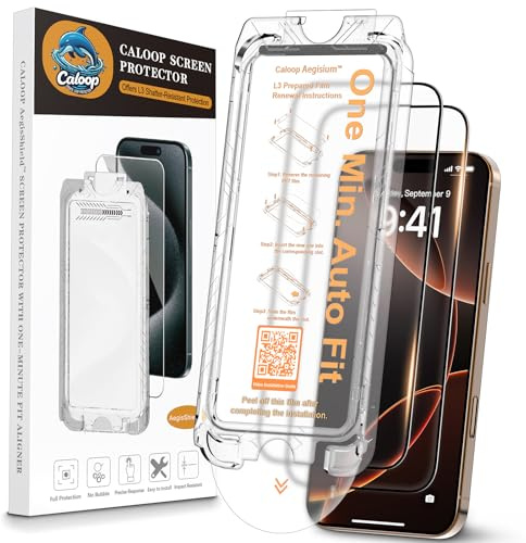 CALOOP Paquete de 3 + 1 protector de pantalla Aegis de nivel 3 para iPhone 16 Pro Max, vidrio templado a prueba de grietas y huellas dactilares, claridad 8K HD, cobertura completa, fácil instalación